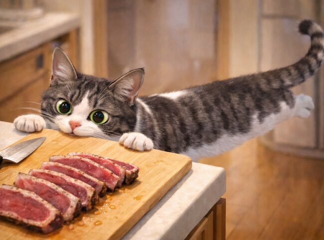 刺身を狙う　猫の画像